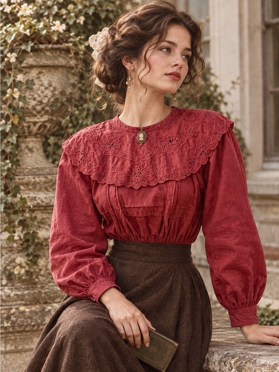 Sue Wong Tops - Sue Wong Vintage Scalloped Embroidered Top XS Burgundy Edwardian Victorian